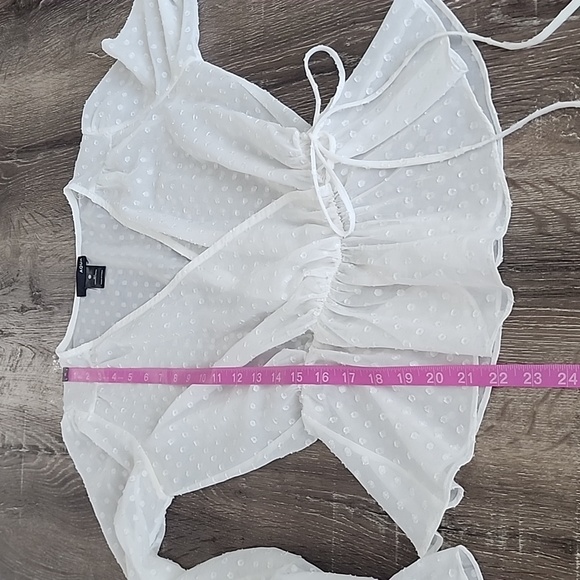 AQUA Swiss Clip Dot Semi-Sheer Bell Sleeve Faux Wrap Peplum Top White - Picture 6 of 8